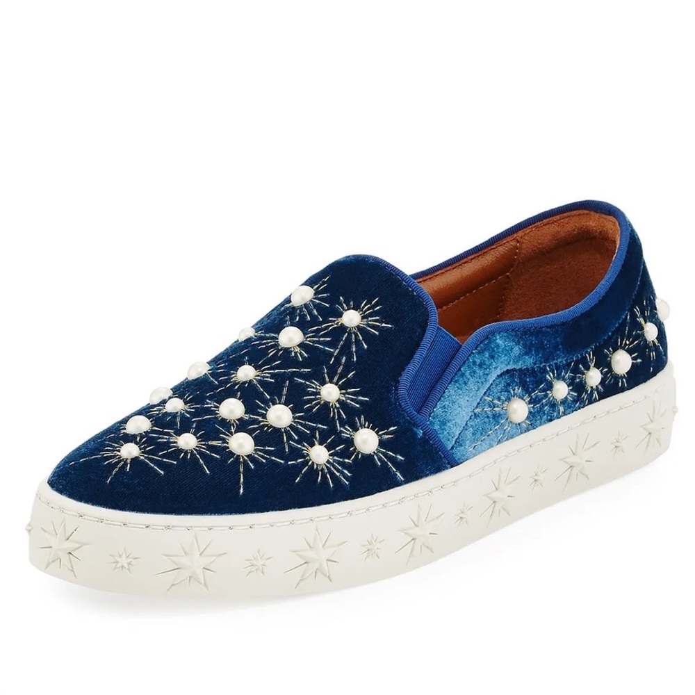Aquazzura blue velvet cosmic pearl slip on sneaker